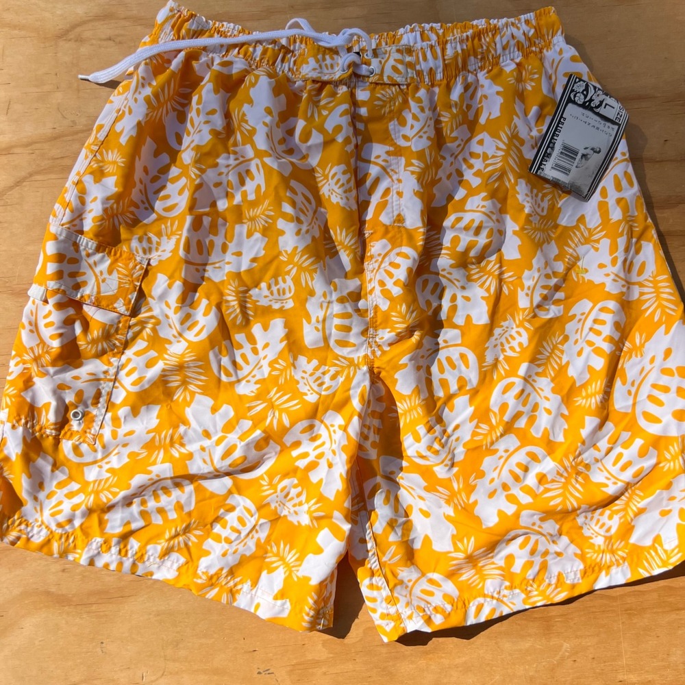 Priority Male Hawaiian Authentic Swim Trunks Orange White Tropical Floral Large